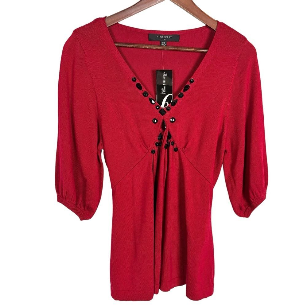 NWT Nine West Red Beaded Holiday Blouse V-Neck Top Petite Medium